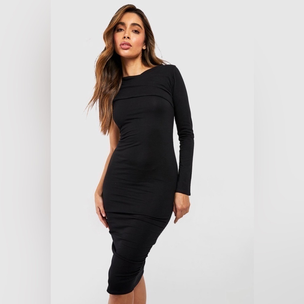 Boohoo Black Long Sleeve Bodycon Midi Dress Sz 4/ Small | Chic Minimalist Look